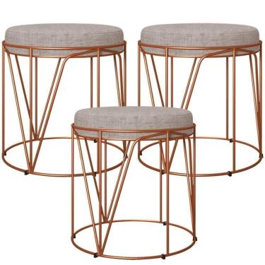 Imagem de Kit 03 Puffs Decorativo Aramado Bronze Zaya L02 Linho Bege