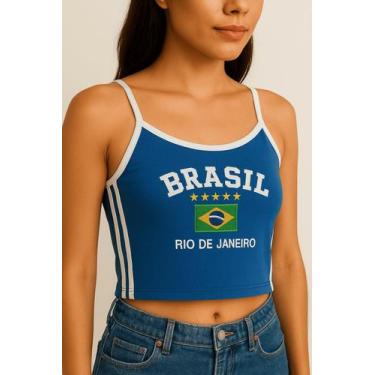 Imagem de Camisa Do Brasil Bordada Regata Tecido Suplex Alça Fina Feminina - Sal