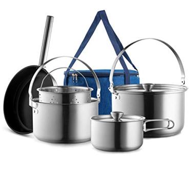 Imagem de Conjunto de panelas de acampamento de aço inoxidável 304 8 peças e frigideiras kit de cozinha em fogo aberto | Frigideira a vapor com bolsa de viagem | Compacto para cozinha ao ar livre e dentro de casa, fogueira, caminhadas, trailers