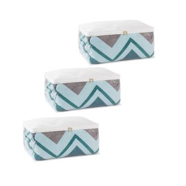 Imagem de Kit Conjunto de 3 Organizadores Multiuso Premium GG, Design Chevron, Branco e Azul, com Zíper