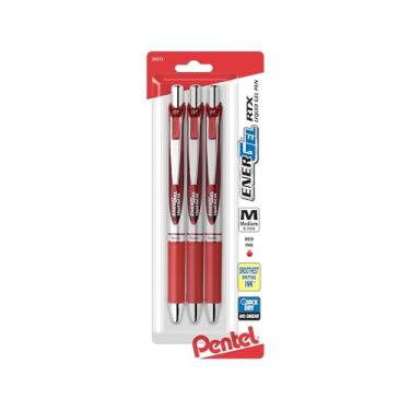 Imagem de Pentel Caneta de gel líquido retrátil EnerGel RTX (0,7 mm), linha média, ponta de metal, tinta vermelha, pacote com 3 (BL77BP3B)