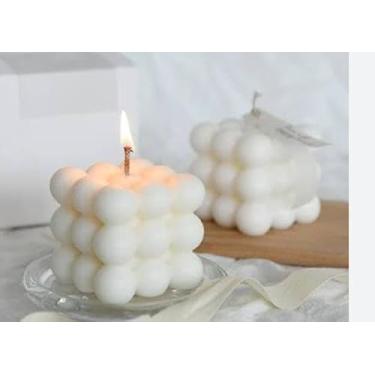 Imagem de Vela Decorativa Bubble em Formato de Cubo, Branca, Cera, Estilo Moderno para Decoração de Mesa