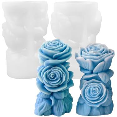 Imagem de 2 peças de moldes de silicone para velas de pilar rosa, molde de vela para buquê, molde de sabão de flor de rosa 3D, molde de resina de gesso, moldes de concreto para fazer decoração de casa
