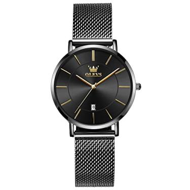Imagem de OLEVS Relógio feminino, relógio feminino casual de negócios ultrafino de 6,5 mm, relógio feminino de quartzo japonês com pulseira de malha de data, à prova d'água (mostrador branco/azul/preto), Malha preta com mostrador preto, round, Minimalista