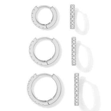 Imagem de micuco 3 pares de brincos de argola pequenos de cartilagem para mulheres, brincos de zircônia cúbica para homens de 8 mm, 10 mm, 12 mm, Latão, Zircônia cúbica