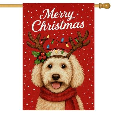 Imagem de BlissYard Feliz Natal Bandeira de jardim Goldendoodle bandeira de cachorro chifres de rena cachecol de Natal 71 x 101 cm bandeiras grandes de quintal dupla face para amantes de cães varanda casa ao ar