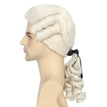 Imagem de Koonfan Peruca masculina para fantasia de juiz histórico colonial advogado peruca bege Washington Halloween cosplay perucas