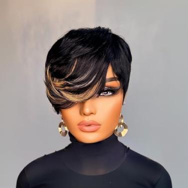 Imagem de PurpleSexy Pixie Peruca feminina de cabelo humano com corte curto em camadas com franja 1b/27/613 cor loira mel leve, sem cola, feita à máquina, perucas curtas para uso diário
