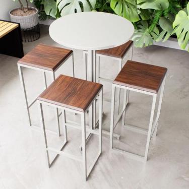 Imagem de Conjunto Mesa Alta Bar Bistrô Redonda Branca 4 Bancos Imbuia Industria