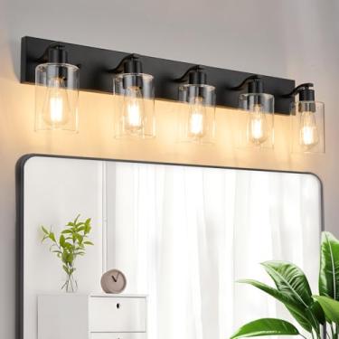 Imagem de AMRUIPO 5 luzes de banheiro luminárias pretas com sombra de vidro transparente 91,4 cm luminárias modernas de banheiro sobre espelho para quarto/sala de estar