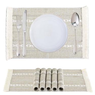 Imagem de Conjunto de 6 jogos americanos Boho com franja, tapetes de mesa de linho de algodão laváveis para mesa de jantar, decoração de cozinha rústica de fazenda, decoração de casa