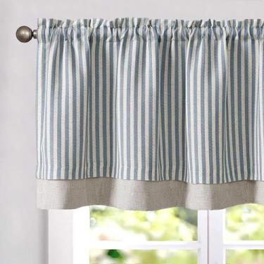 Imagem de Cortina Valance jinchan de linho listrada 45x45cm azul sobre bege