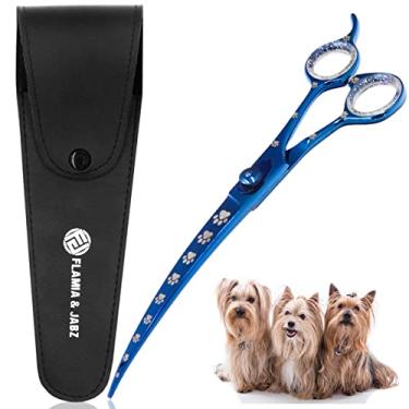 Imagem de Tesoura profissional para cuidados de cães e tesouras, curvada, com impressões de patas para cães, gatos e animais de estimação (destro, azul, aço inoxidável 20 cm)
