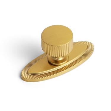 Imagem de Goo-Ki Puxador de armário de liga de zinco dourado escovado com placa traseira - Ferragens de puxador central de furo único para quarto, cozinha, pacote com 2 (9596-E)