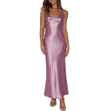 Imagem de Vestido maxi VUBIYA, seda, cetim, decote em V, sem encosto para mulher