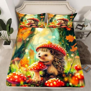 Imagem de Jogo de lençol solteiro com desenho animado de ouriço, cogumelo de bolinhas vermelhas, 2 peças, kawaii, animais selvagens, decoração de quarto de crianças, meninos, meninas, adolescentes, lençol com