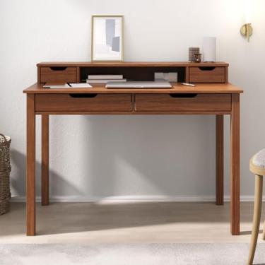 Imagem de IDIMEX Mesa Escritório Compacta 04 Gavetas e 01 Nicho Retro 115 cm Escrivaninha Home Office Madeira Castanho Verniz Raul