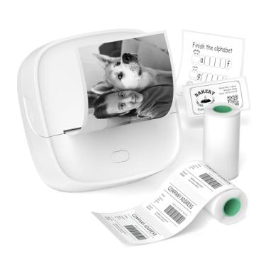Imagem de Gloryang Impressora de adesivos, mini impressora térmica Bluetooth com 2 rolos de fita de papel, máquina de etiquetas de bolso portátil com aplicativo inteligente para telefone e tablet, branca