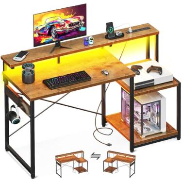 Imagem de AODK Mesa de computador, mesa de jogos de 121 cm com luzes LED e tomada, mesa de escritório com prateleiras de armazenamento, mesa reversível com prateleira para monitor e gancho para fone de ouvido