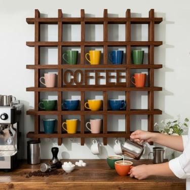 Imagem de Suzile Prateleira grande para exibição de caneca de café, prateleira de madeira com ganchos, placa de café, decoração de até 32 canecas, para cozinha, estação, bar, sala de estar, acessórios (marrom)