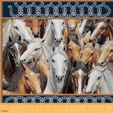 Imagem de Tecido rústico de cavalos ao ar livre por quintal, tecidos de ferradura retrô de cowboy ocidental para projetos de bricolage em casa, cavalo de fazenda, animal, marrom, azul-marinho, tecido decorativo