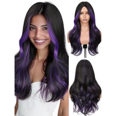 Imagem de Lady Miranda Perucas pretas e roxas de 66 cm peruca ondulada longa peruca natural cortina bang perucas roxo ombré para uso diário feminino em festas (preto com destaques roxos)