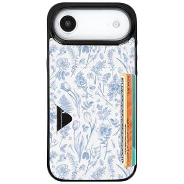 Imagem de uCOLOR Capa para iPhone Air com porta-cartões - Capa carteira de couro fina com suporte para cartão de crédito Moneymate 2,5 m Capa protetora com compartimento para cartão oculto (flores azuis de