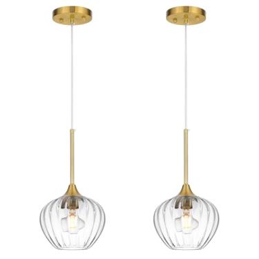 Imagem de QianZhan Pacote com 2 lâmpadas pendentes de vidro, modernas, de 17,8 cm, luminária suspensa de teto dourada escovada para cozinha, ilha, sala de jantar, banheiro, bar, restaurante