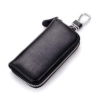 Imagem de Porta-chaves de couro genuíno com 2 compartimentos para cartão e 6 ganchos e 1 cartão de acesso, porta-chaves para carro, carteira para homens e mulheres, Preto, 1 pcs
