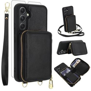 Imagem de Capa de celular para Samsung Galaxy A54 5G carteira com protetor de tela de vidro temperado, alça transversal, cordão com bloqueio de RFID, suporte para cartão de crédito A545G A 54 54A 4G G5 SM A546U