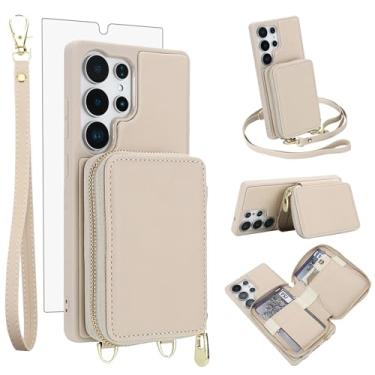 Imagem de Capa de celular para Samsung Galaxy S24 Ultra 5G carteira celular com protetor de tela de vidro temperado, alça transversal, cordão com bloqueio de RFID, suporte para cartão de crédito S24Ultra 24S S