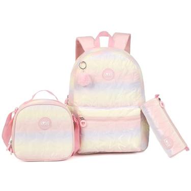 Imagem de kingdisen Mochila escolar para meninas adolescentes, leve, arco-íris, pastel, conjunto de mochila escolar para laptop, Dégradé rosa, Large, Bonito