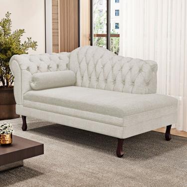 Imagem de Divã Recamier Lavínia Clássico 120cm Capitonê com Pés de Madeira Linho Bege - Desk Design