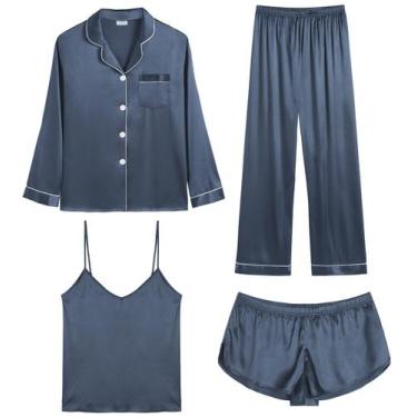 Imagem de Conjunto de pijama feminino SWOMOG, cetim, 4 peças, cinza escuro, tama