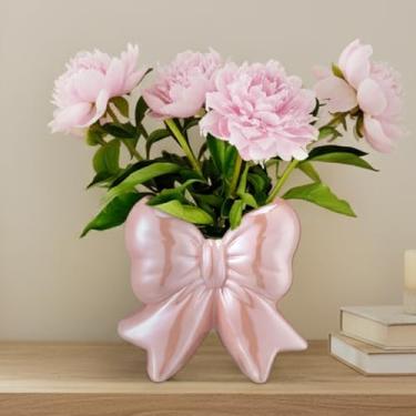 Imagem de Jingmore Coquette Suporte de caneta para vaso de cerâmica com laço para maquiagem, design contemporâneo, presentes femininos decorativos para casa, escritório, prateleira, mesa, sala de estar (rosa