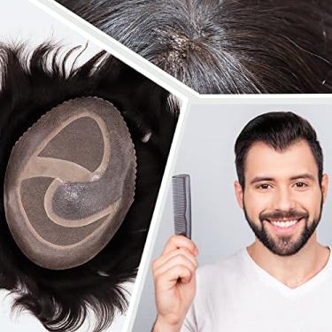 Imagem de Civmo Peruca masculina de renda mono com peruca de poliuretano para homens 100% sistema europeu de substituição de cabelo humano peruca masculina peruca masculina (cor preta 1B)