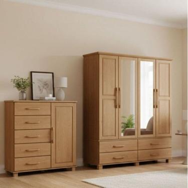 Imagem de Conjunto Guarda Roupa 4 Portas + Cômoda 5 Gavetas 100% Madeira Maciça - Linha Ouro Finestra Móveis Freijó
