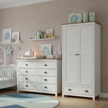 Imagem de Conjunto Infantil Guarda-Roupa 2 Portas e Cômoda 8 Gavetas 100% Madeira Maciça - Topázio Finestra Branco/Freijó
