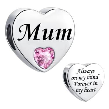 Imagem de MiiFort Pingente de coração de amor rosa para mães, pulseiras Pandora, contas de aniversário para mulheres Always on My Mind Forever In My Heart Aço inoxidável