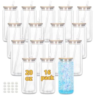 Imagem de Copo de globo de neve de acrílico de 590 ml, pacote com 16 copos de globo de neve de plástico pré-perfurado de parede dupla para globo de neve com glitter, faça você mesmo, com tampa de bambu