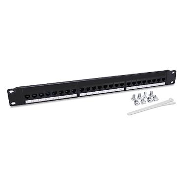 Imagem de Painel de remendo de 24 portas, Cat6 UTP Feed Through, 1U 48.3 cm acoplador de rede inline Keystone Ethernet Patch Panel para cabeamento Cat6, Cat5e, Cat5, com barra traseira removível, parafusos,
