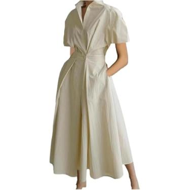 Imagem de Vestido De Botão Para Baixo Lapela Decote V Vestido Longo Com 2 Bolsos Laterais Vestido Maxi Casual Vestidos Soltos Para Mulheres Vestido De Camisa De Linha A, Apricot, XL