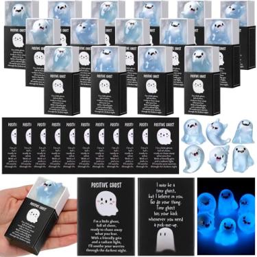 Imagem de Wonderjune 72 conjuntos de lembrancinhas de festa fantasma de Halloween que brilham no escuro, figuras espirituais de resina, com caixas e cartões positivos, mini fantasma luminoso positivo para