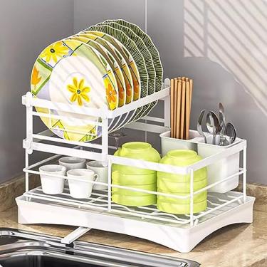 Imagem de AKALNNB Escorredor para balcão de cozinha, conjunto de escorredor de louça, escorredor de pratos de ferro, organizador de economia de espaço para bancada com suporte de utensílios (Bianco 36,5 x 22,5