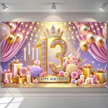 Imagem de HOMETITUTE Pano de fundo de feliz aniversário de 13 anos para meninas, fundo de coroa de festa de princesa, com balões dourados, flores e velas, faixa de aniversário ao ar livre para fotografia 180 x