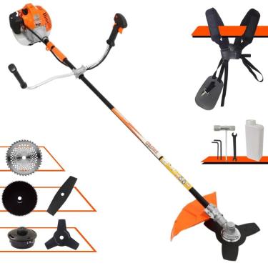 Imagem de Roçadeira Aparador de Grama Vulcan VR520H À Gasolina 2,5HP 52cc Com Lâmina Facão + Lâmina 3 Pontas + Disco 40 Dentes e 80 Dentes + Carretel de Nylon