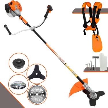 Imagem de Roçadeira À Gasolina Vulcan VR520-H 52cc 2,5HP 10.000rpm Motor 2T Com Lâmina 3 Pontas + Lâmina 40 Dentes de Vídea + Escova de Aço + Carretel de Nylon