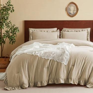 Imagem de MR&HM Conjunto de edredom king size, 7 peças, microfibra lavada macia, roupa de cama chique, cama em um saco, casa de fazenda, conjunto de cama vintage com edredom e lençóis, fronhas e fronhas, linho