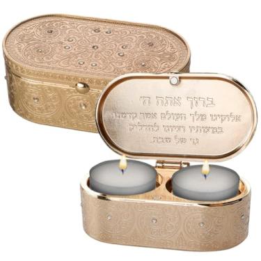 Imagem de Masoret Castiçais de metal para viagem com capa incrustada com pedras, 4 x 8 cm - Castiçais de metal para viagem de shabat judeu filigreen