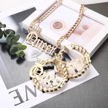 Imagem de Colar Queen com pingente de corrente com pingente de tamanho grande conjunto de brincos de argola de bambu anos 90 para mulheres banhado a ouro cor estilo punk hip hop rapper, standard, Metal, Sem